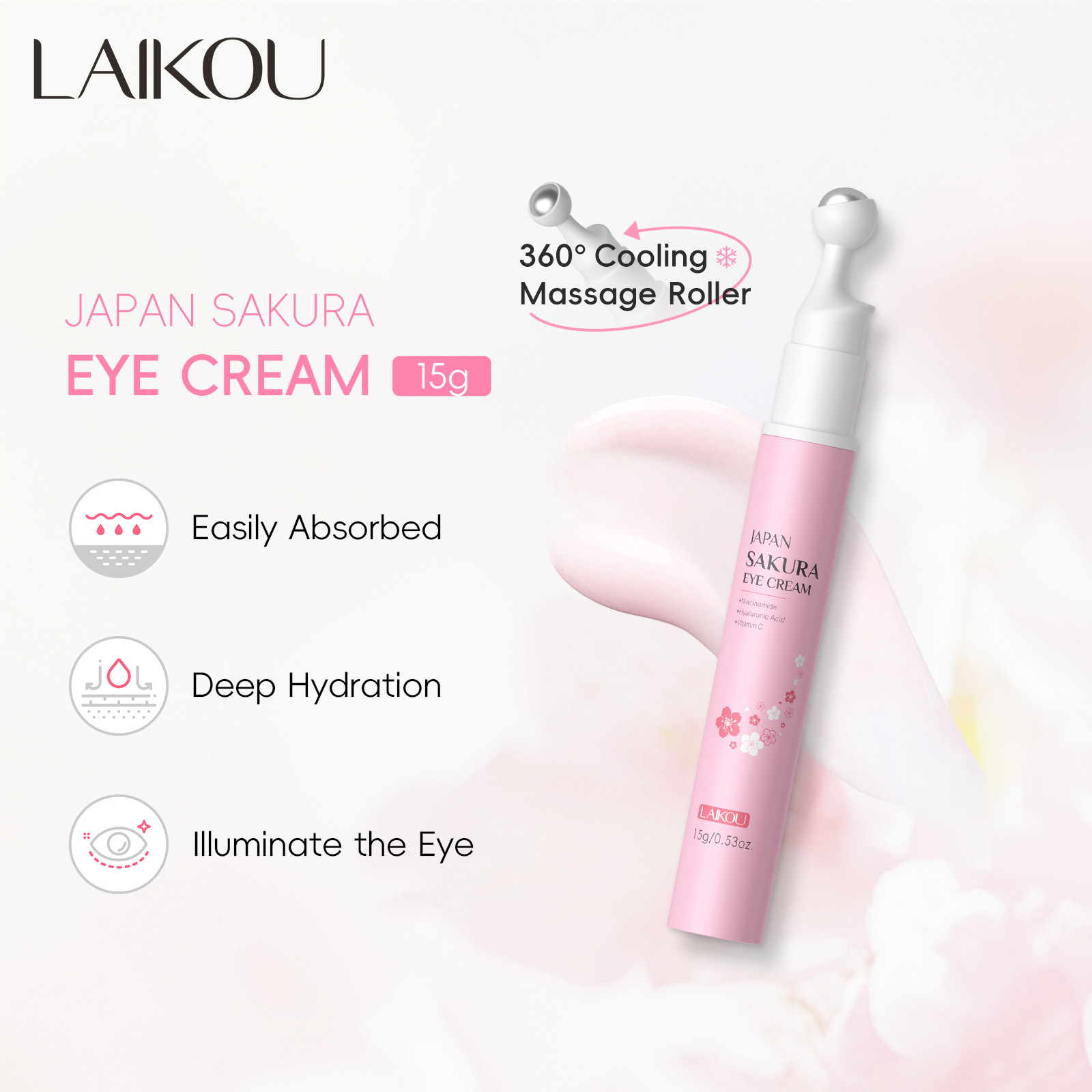 Cross-border new product LAIKOU Cherry Blossom Rolling Eye Cream 15g Hydrating, moisturizing and nourishing the eye area wholesale export eye cream full figure