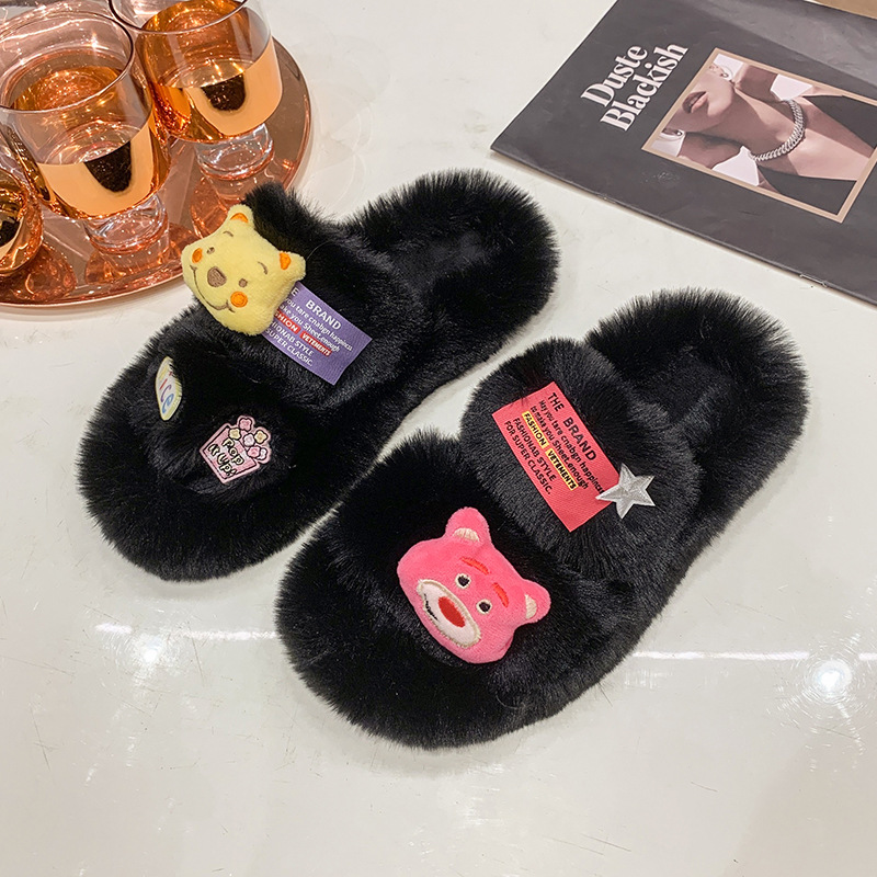 Cartoon cute bear DIY accessories, plush slippers for women, new autumn and winter home warmth, one-line plush cotton slippers Specification drawing