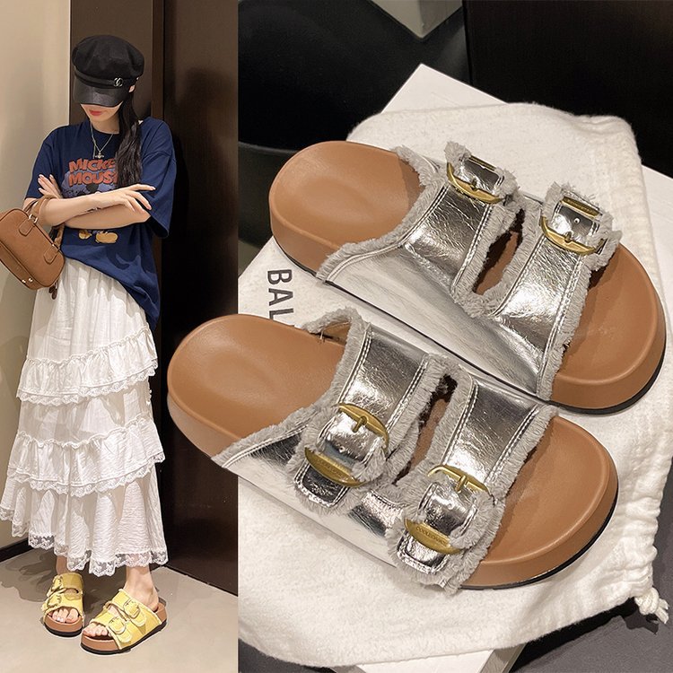 Muffin thick-soled Birken slippers for women's summer wear, 2025 new style with skirt, beach one-shoulder drag with skirt, flip-flops details Picture