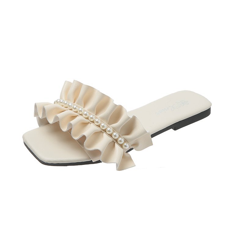 Little Chanel Pearl lace square toe flip-flops for women, new summer 2025 style, fresh and light, worn outside with Roman one-shoulder straps Item Picture