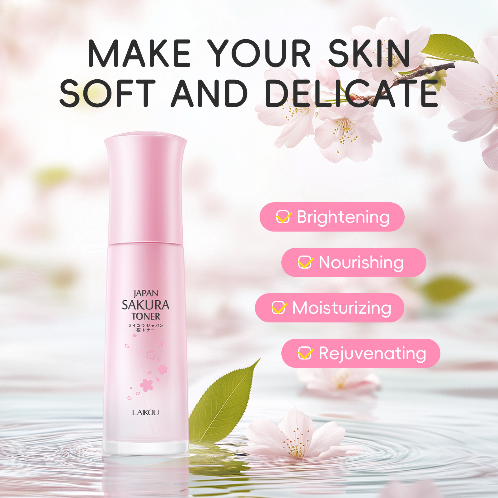 Cross-border LAIKOU Cherry Blossom TONER Wet Compress Water 100ml Glass bottle Hydrating, Moisturizing, Nourishing and Soothing Toner Application Scenario
