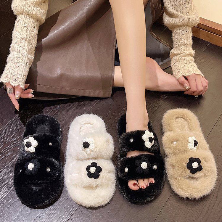 2025 New Korean style gentle, fashionable and versatile autumn and winter one-shoulder cotton slippers, fluffy fairy style flat slippers details Picture