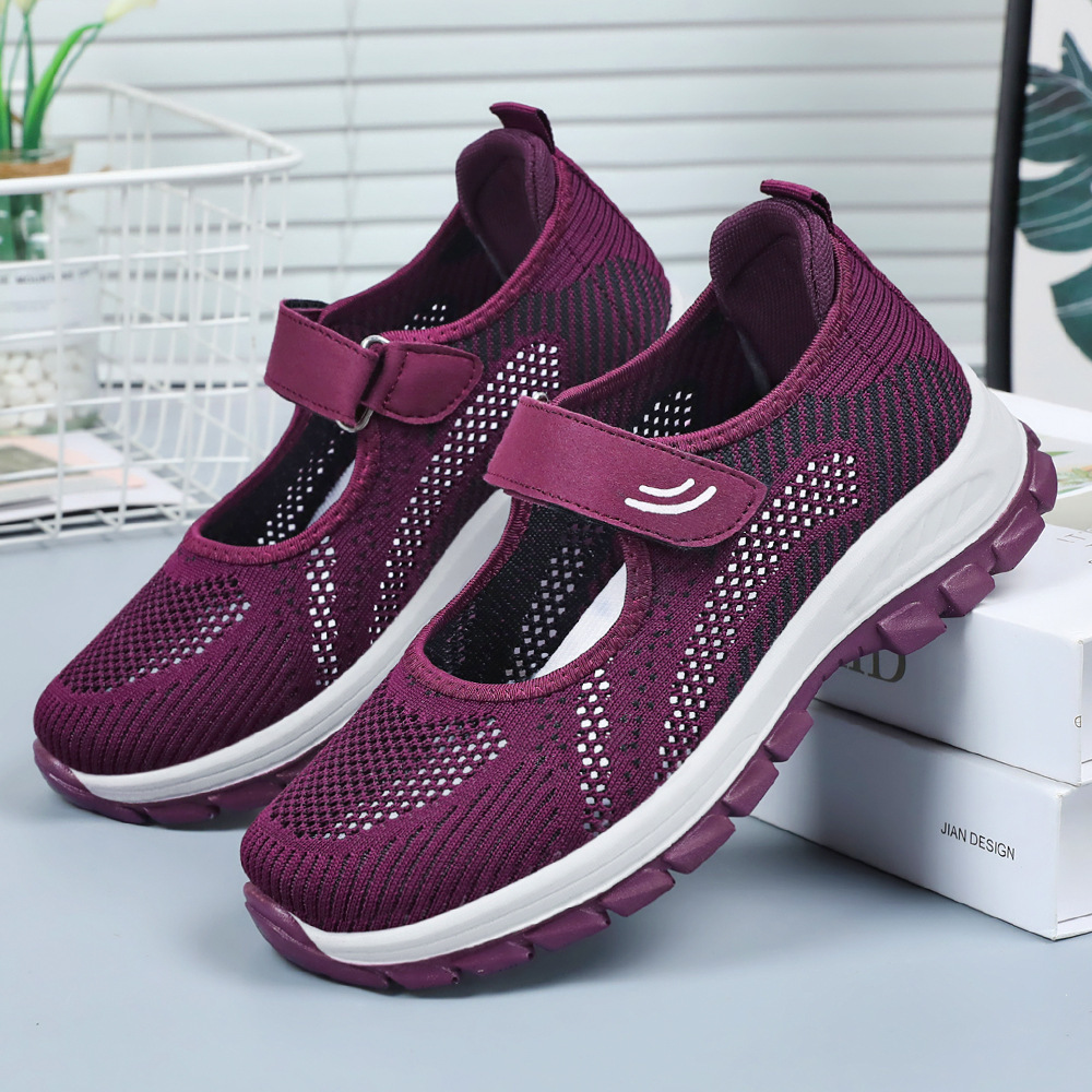 Women's shoes, versatile mesh walking shoes, breathable flying woven shoes for middle-aged and elderly mothers, Velcro cross-border women's shoes wholesale full figure