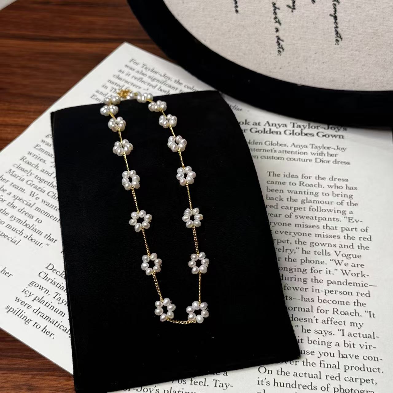 银际·天然珍珠铜镀金珍珠串珠小花手工制作小众质感项链