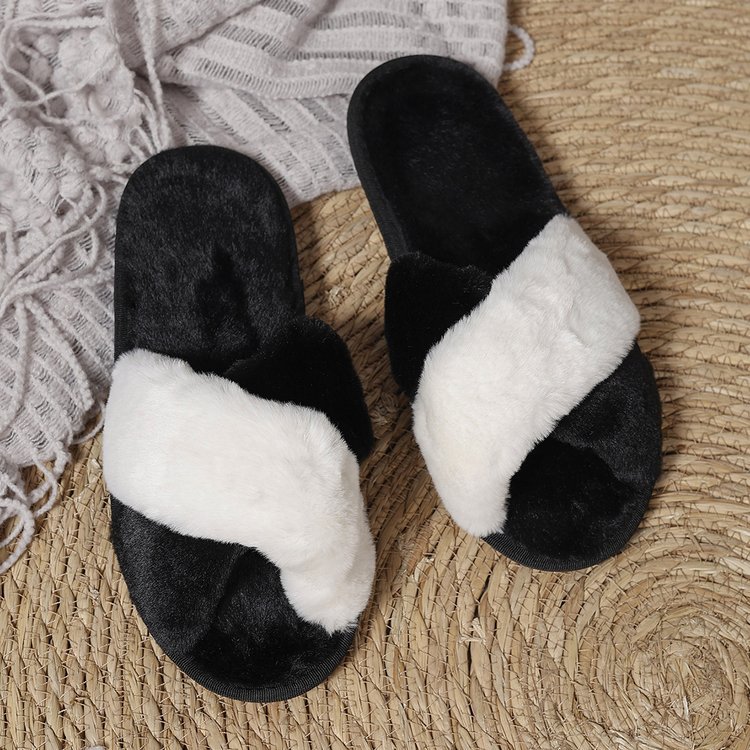 Cross-border cross-colored fur slippers with open toe exposed, soft-soled and warm European and American style fur slippers for women's home use details Picture