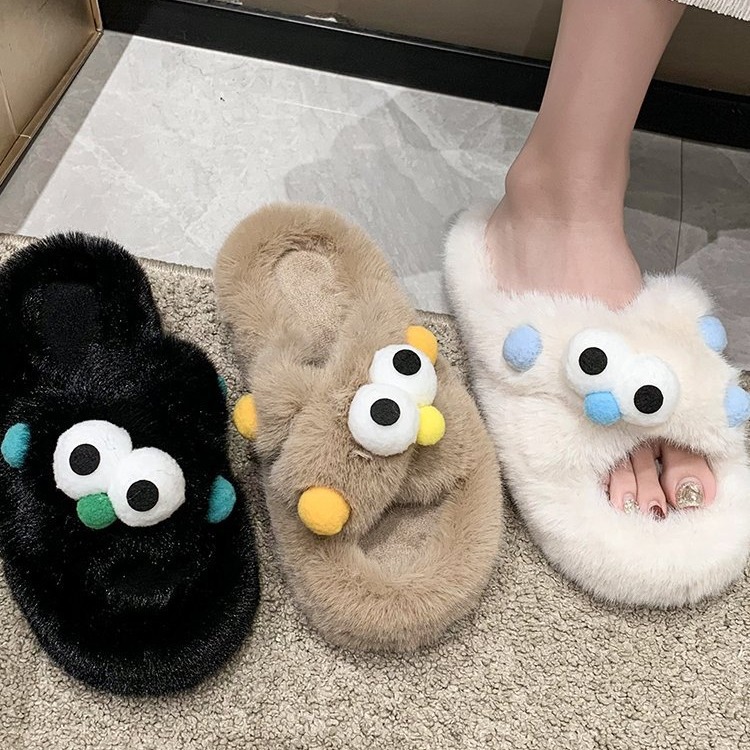 2025 New winter cute cartoon thick-soled woolen slippers for women, crossover, niche design, girlish cotton slippers Specification drawing