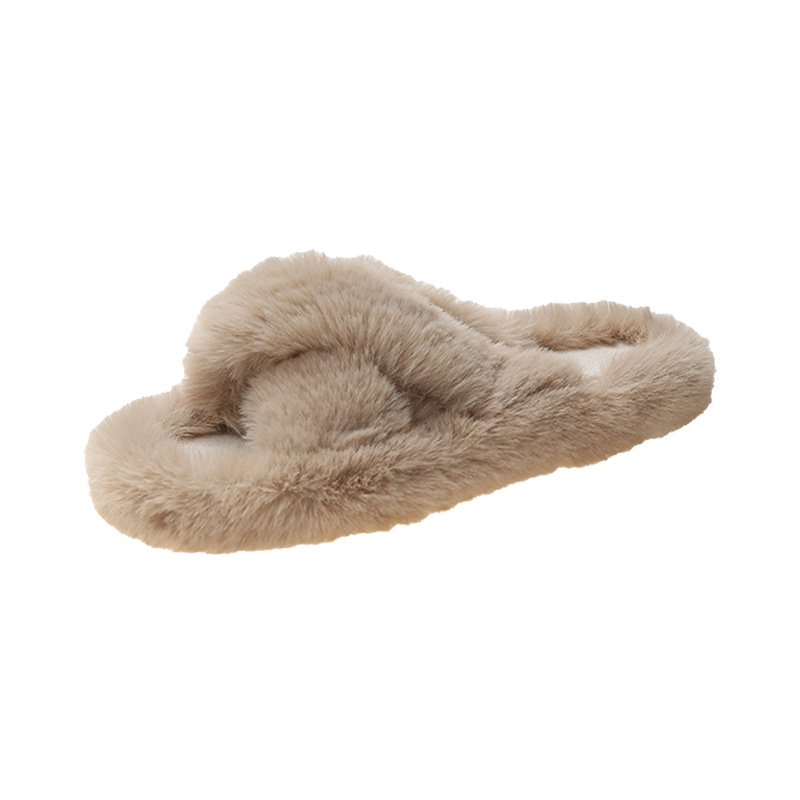 New large-sized woolen flip-flops for autumn and winter, women's cotton slippers, warm woolen cross one-line flip-flops for home use Item Picture