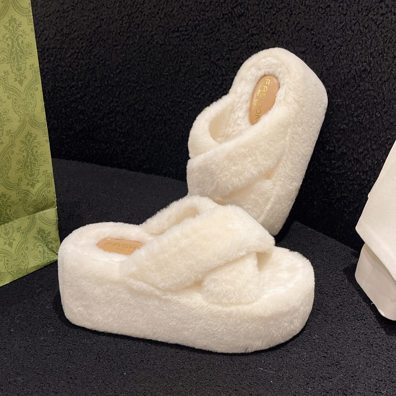 8 cm height-increased thickened plush slippers for women, new autumn and winter casual and fashionable outerwear, high-heeled crossed plush slippers details Picture