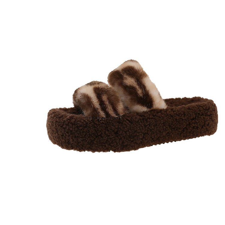 Thick-soled leopard print woolen slippers for women's outerwear, one-line fleece for warmth and height increase, new style cotton slippers for autumn and winter 2025 Item Picture
