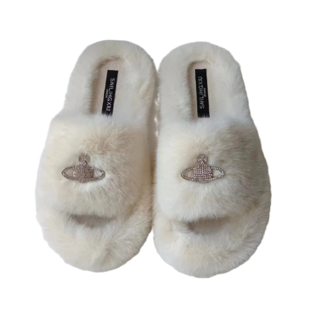 Crown rhinestone accessories, furry slippers, women's outerwear, 2025 autumn/Winter new Roman-style cotton slippers, home plush slippers Item Picture