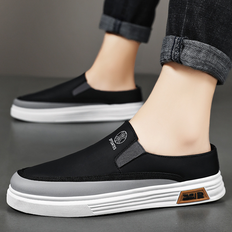 The new summer style of men's white sneakers, soft-soled casual single shoes, trendy board shoes, breathable and comfortable, with a half-slipper covering the head details Picture