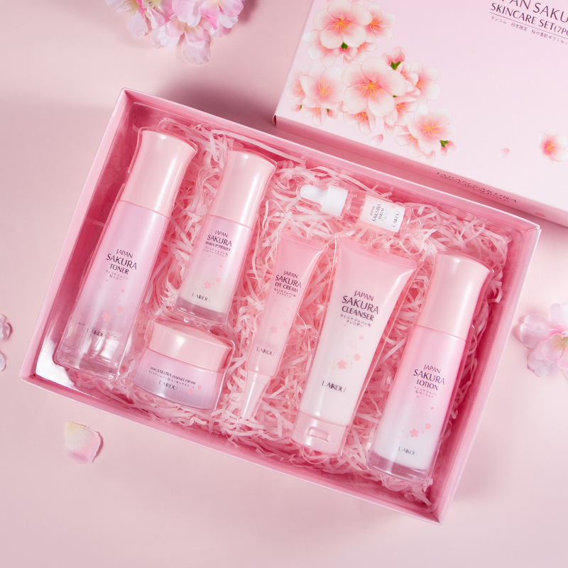 Cross-border LAIKOU Sakura Skincare Gift Box Set: 7-piece Moisturizing and Hydrating Skincare Set in English full figure