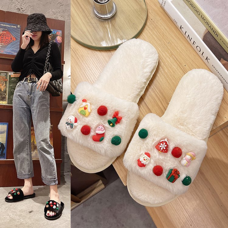 2025 New cartoon flat-bottomed, versatile, casual and girlish home wear, autumn and winter furry slippers full figure