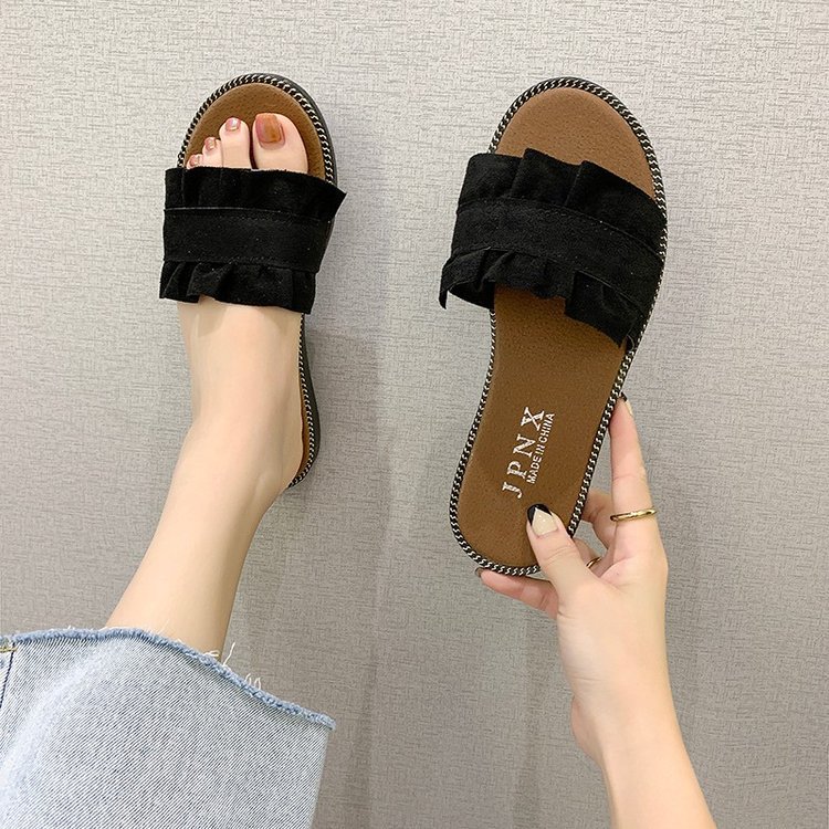 Spring and summer new Korean-style lace one-shoulder slippers, flat casual women's flip-flops, women's student flat beach shoes Application Scenario