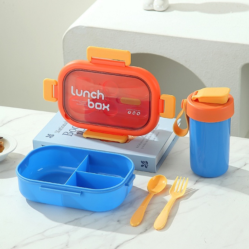 儿童饭盒水杯餐具套装 四色分隔密封便当盒 学生便携带饭餐盒组合详情4