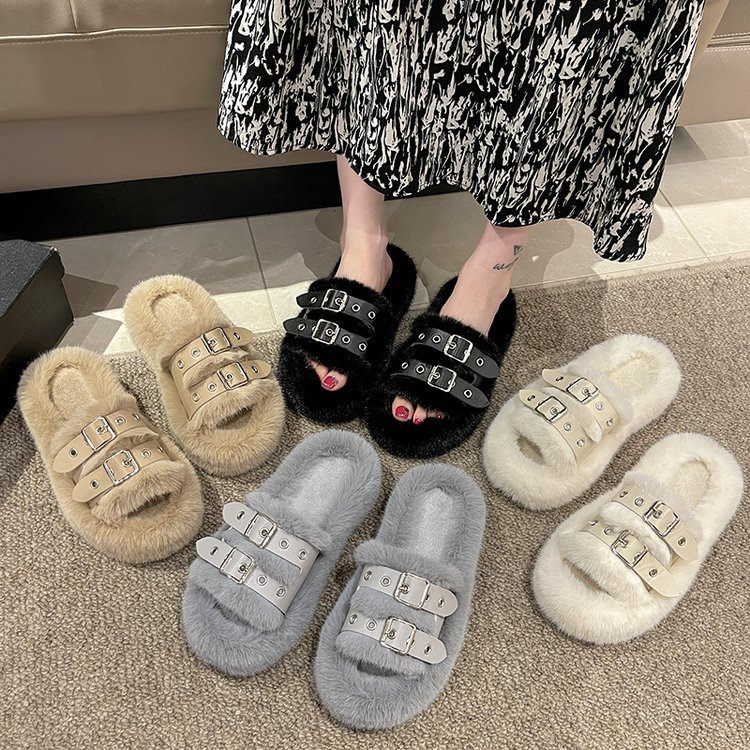 2025 New flat, versatile, casual, home, autumn and winter woolen slippers women's fashion, niche cotton slippers women's shoes Specification drawing