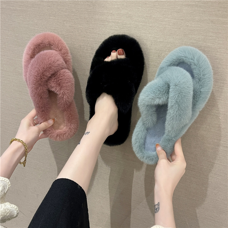 New large-sized woolen flip-flops for autumn and winter, women's cotton slippers, warm woolen cross one-line flip-flops for home use Specification drawing