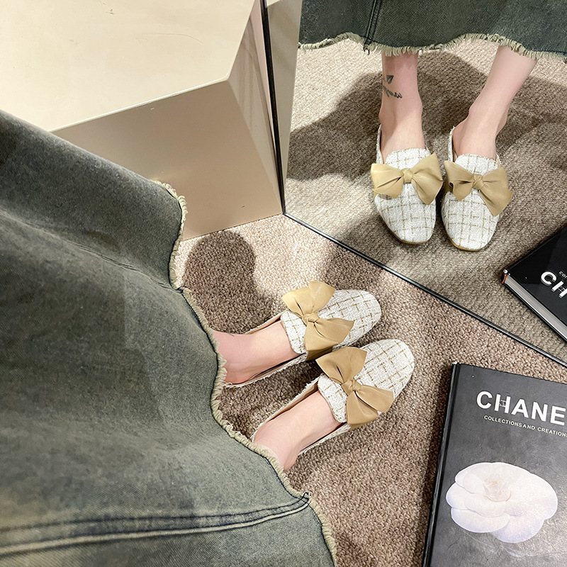 The new Spring/Summer 2025 women's large-sized Korean version bow pearl low-heeled half-length flip-flops are a popular fashion trend Specification drawing