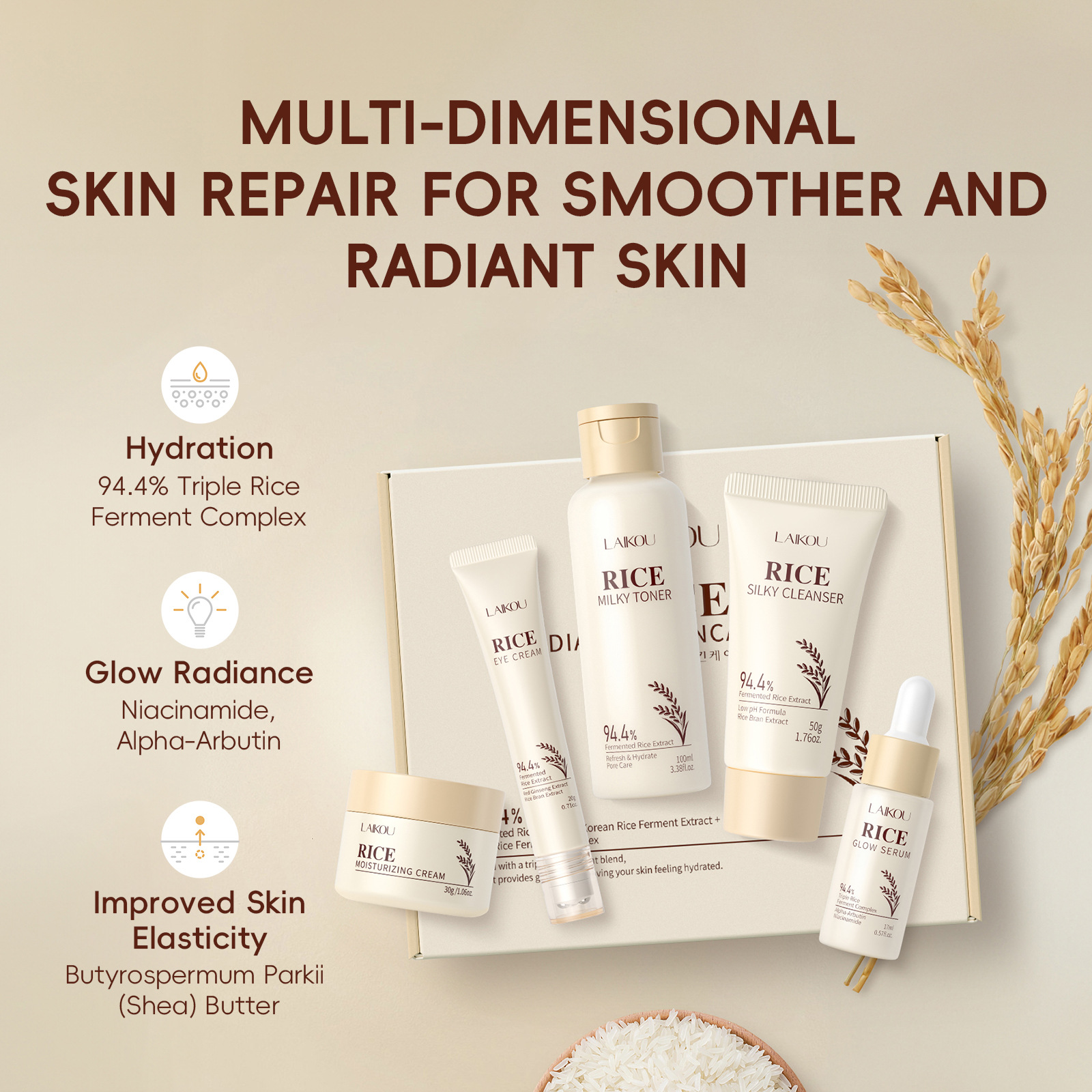 Cross-border new product Laikou Rice Five-piece Moisturizing Cream Moisturizing Plant Extract Facial Skin Care Product Set Box details Picture