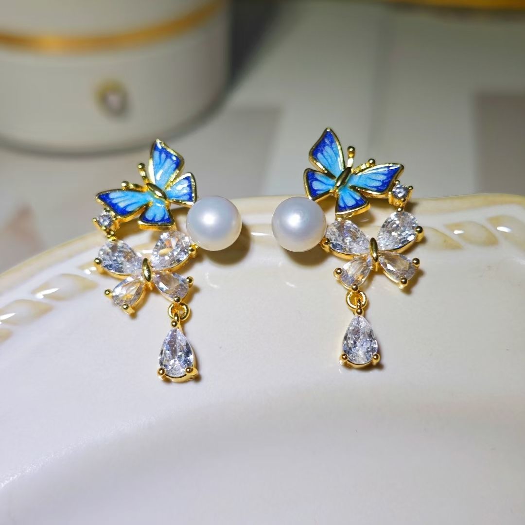 Natural freshwater pearl stud earrings, summer exquisite colored glaze butterfly blue stud earrings, women's zircon bestseller pearl necklace jewelry necklace detail image 9