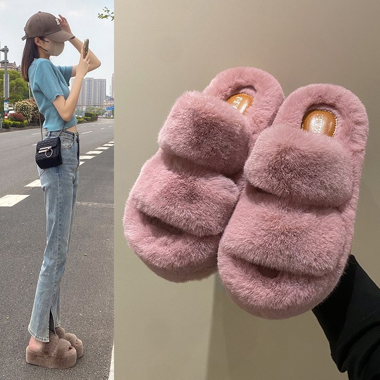 7CM thick-soled slippers, new autumn and winter style, furry slippers, women's parallel bars, Korean style casual, fleece and thickened home slippers, worn outside Specification drawing