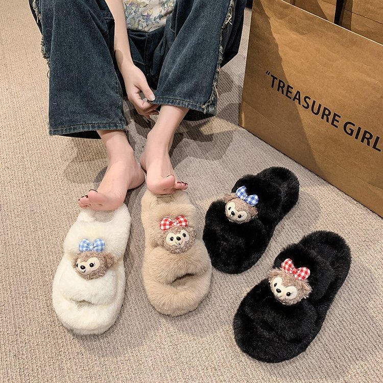 In 2025, cute doll comfortable slippers for women, warm and fluffy Korean-style casual home wear, versatile plush slippers details Picture