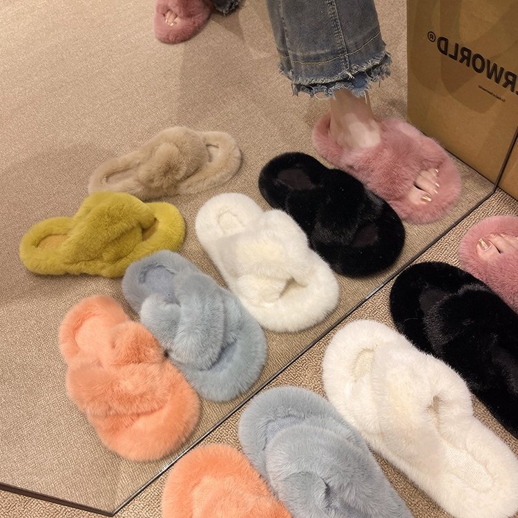Flat and versatile casual woolen slippers for women, gentle and fairy-like style, cross autumn and winter, one-line cotton slippers details Picture