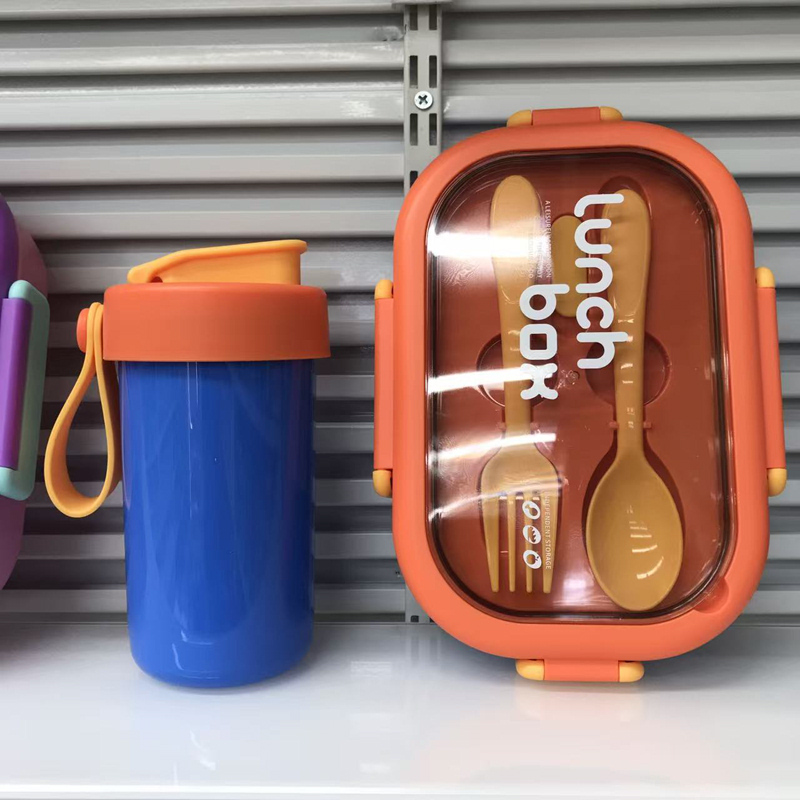儿童饭盒水杯餐具套装 四色分隔密封便当盒 学生便携带饭餐盒组合详情6
