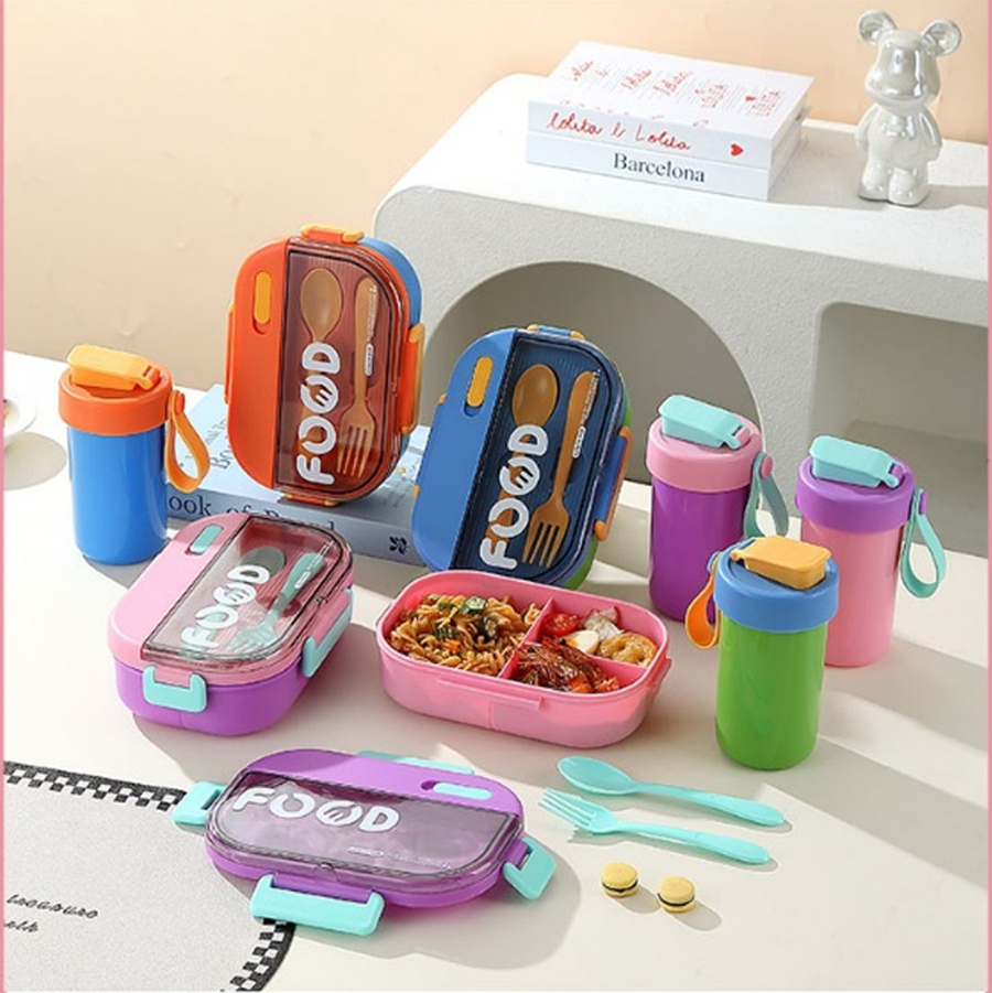 简约印花饭盒水杯餐具套装 多色分隔便携餐盒 学生带饭组合三件套详情2