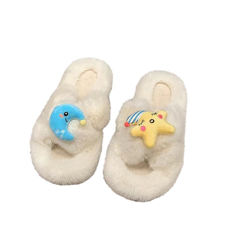 Cute Starry Moon cross fur slippers for women 2025 autumn/Winter new style outdoor home warmth flat heel fur slippers Item Picture