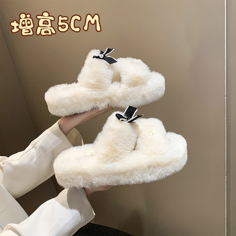 Striped bow fur slippers for women's outerwear 2025 autumn/Winter new fashionable height-increasing home double-bar plush cotton slippers Specification drawing