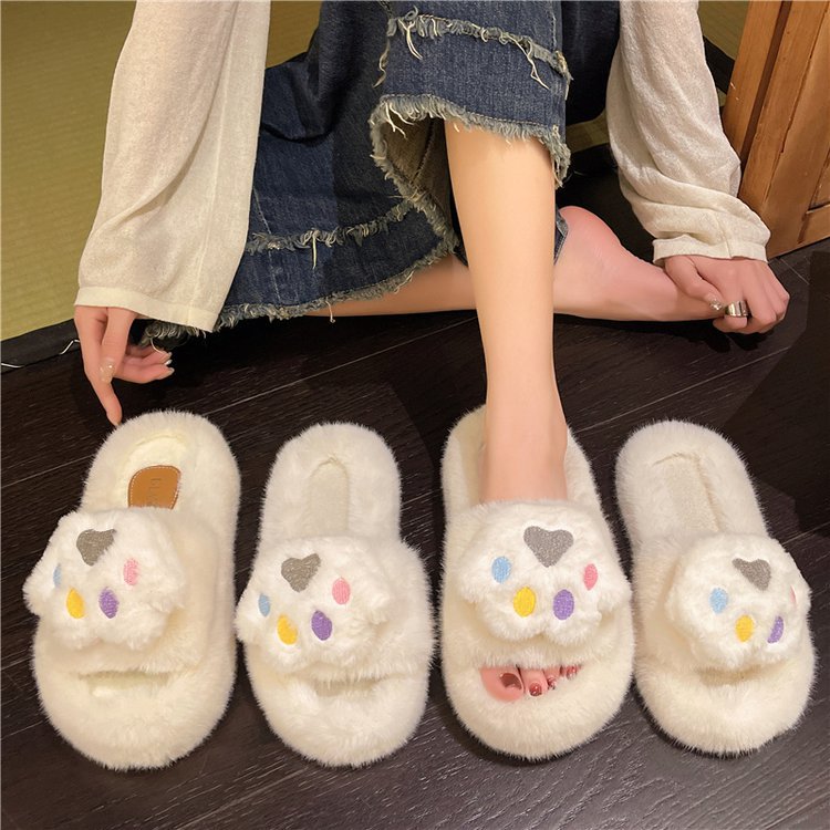 2025 New stylish and casual Korean-style cute cat paw, girlish heart, fluffy and creamy, height-increasing thick-soled one-shoulder slippers details Picture