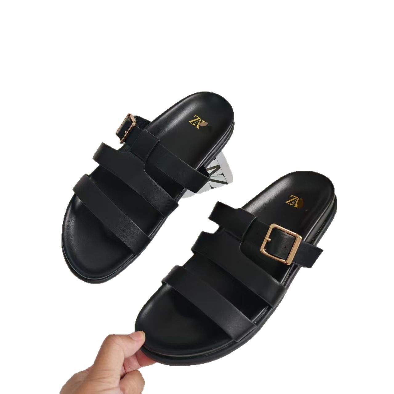Eddie Shoes' in-stock Temu best-selling ZR flat shoes, lace-up leather sandals, metal buckle women's flat flip-flops Item Picture