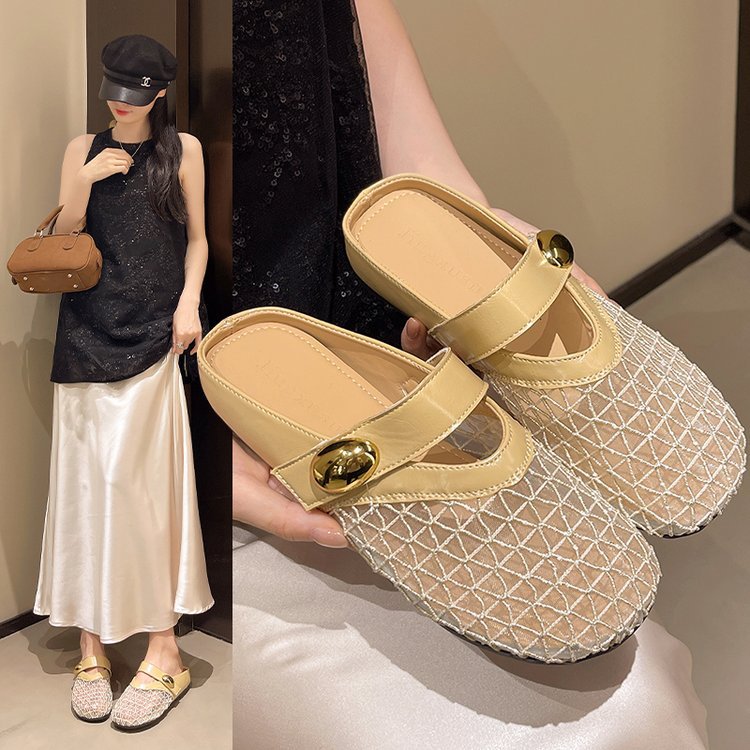 Thick-soled, flip-top, half-slipper for women in summer, 2025 new style, one-step pair with skirt, mesh single shoe, fisherman's cool slippers details Picture