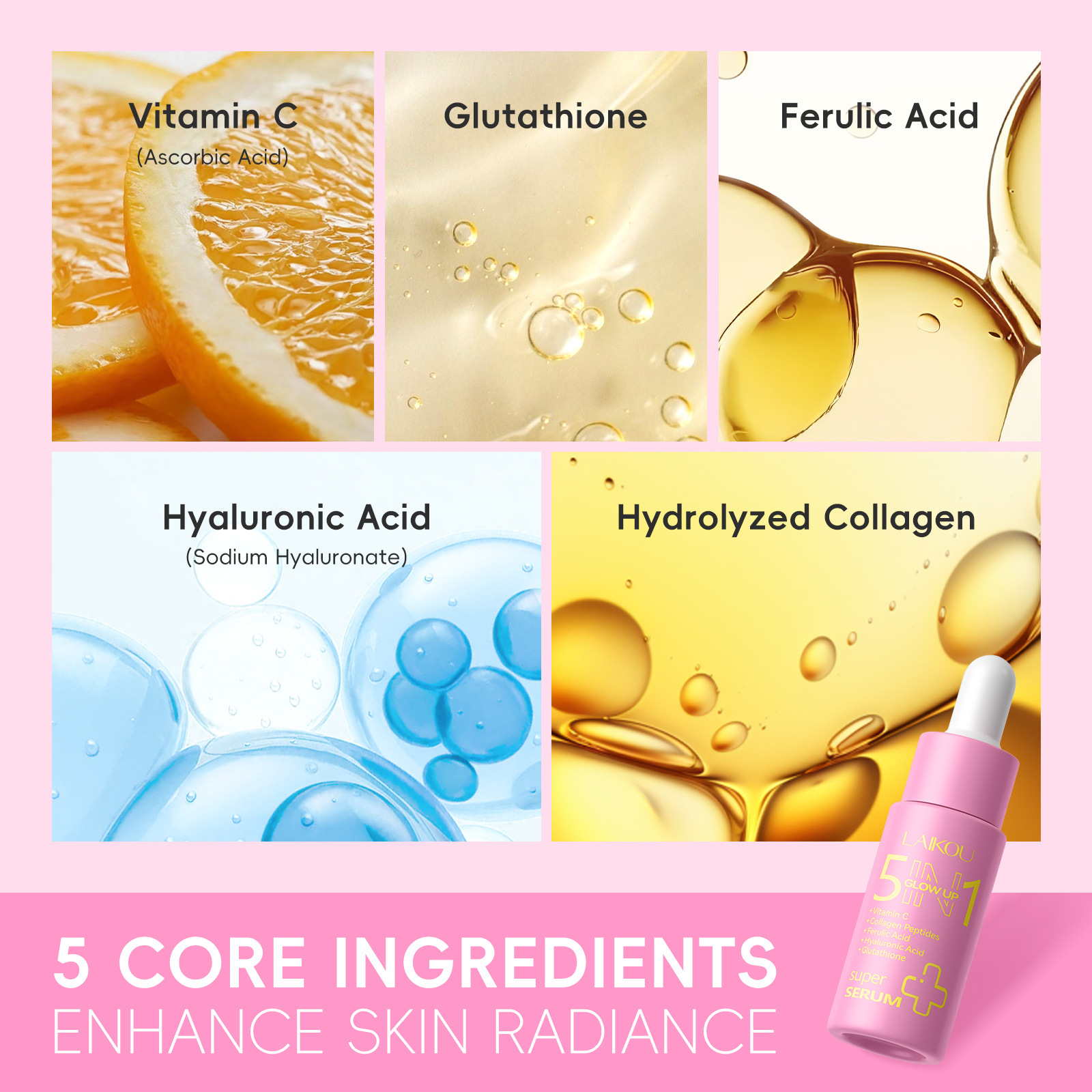 Cross-border LAIKOU Five-in-One Luminous Essence 17ml All-English export Essence Skin care Product manufacturer in stock details Picture