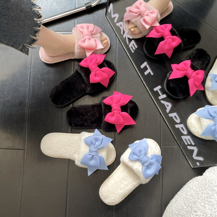 Korean stylish and fashionable bow wool slippers for women's winter home, soft soled comfortable and warm cotton slippers for women full figure