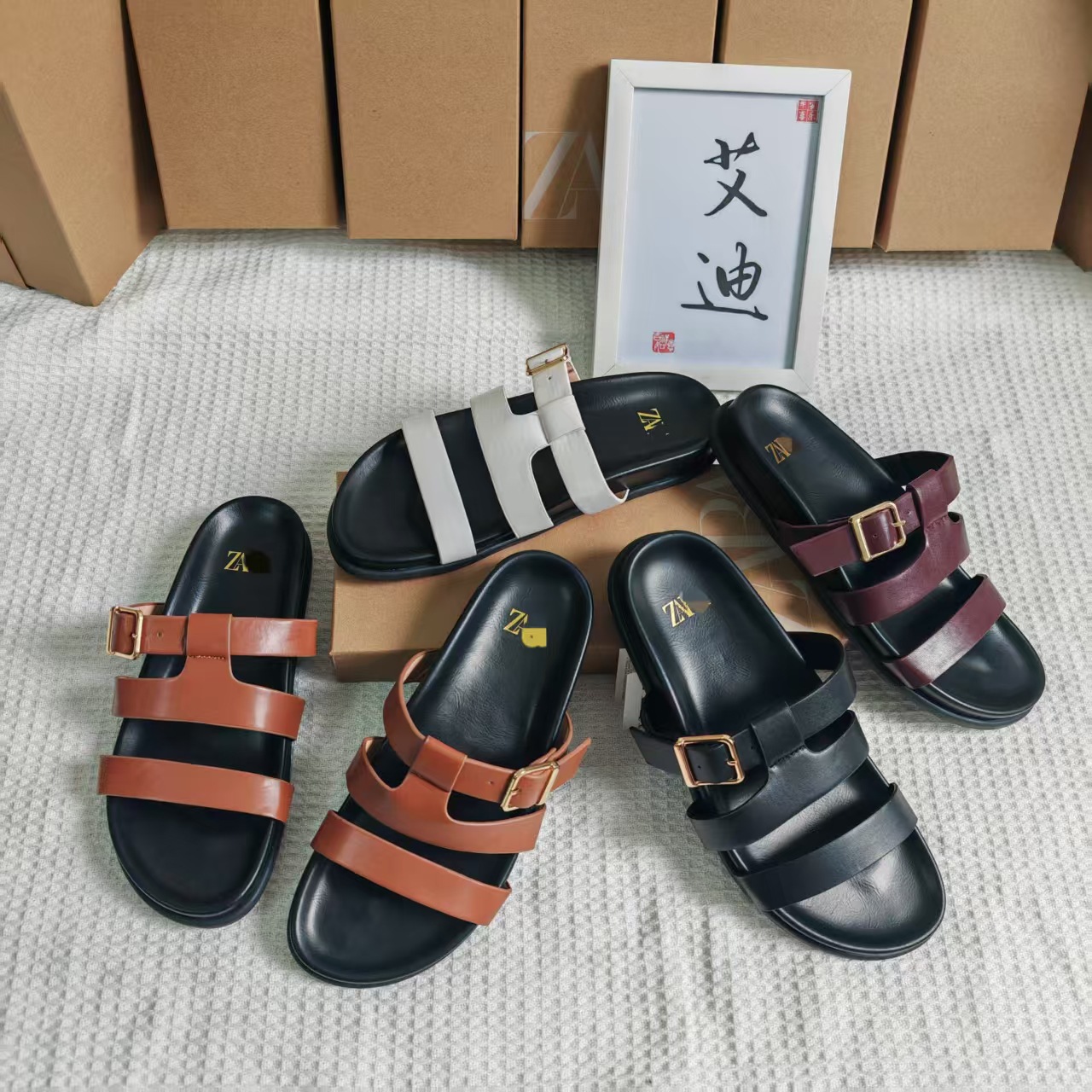 Eddie Shoes' in-stock Temu best-selling ZR flat shoes, lace-up leather sandals, metal buckle women's flat flip-flops Specification drawing