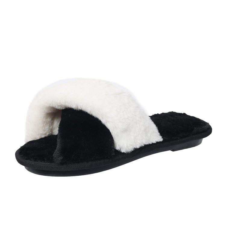 Cross-border cross-colored fur slippers with open toe exposed, soft-soled and warm European and American style fur slippers for women's home use Item Picture