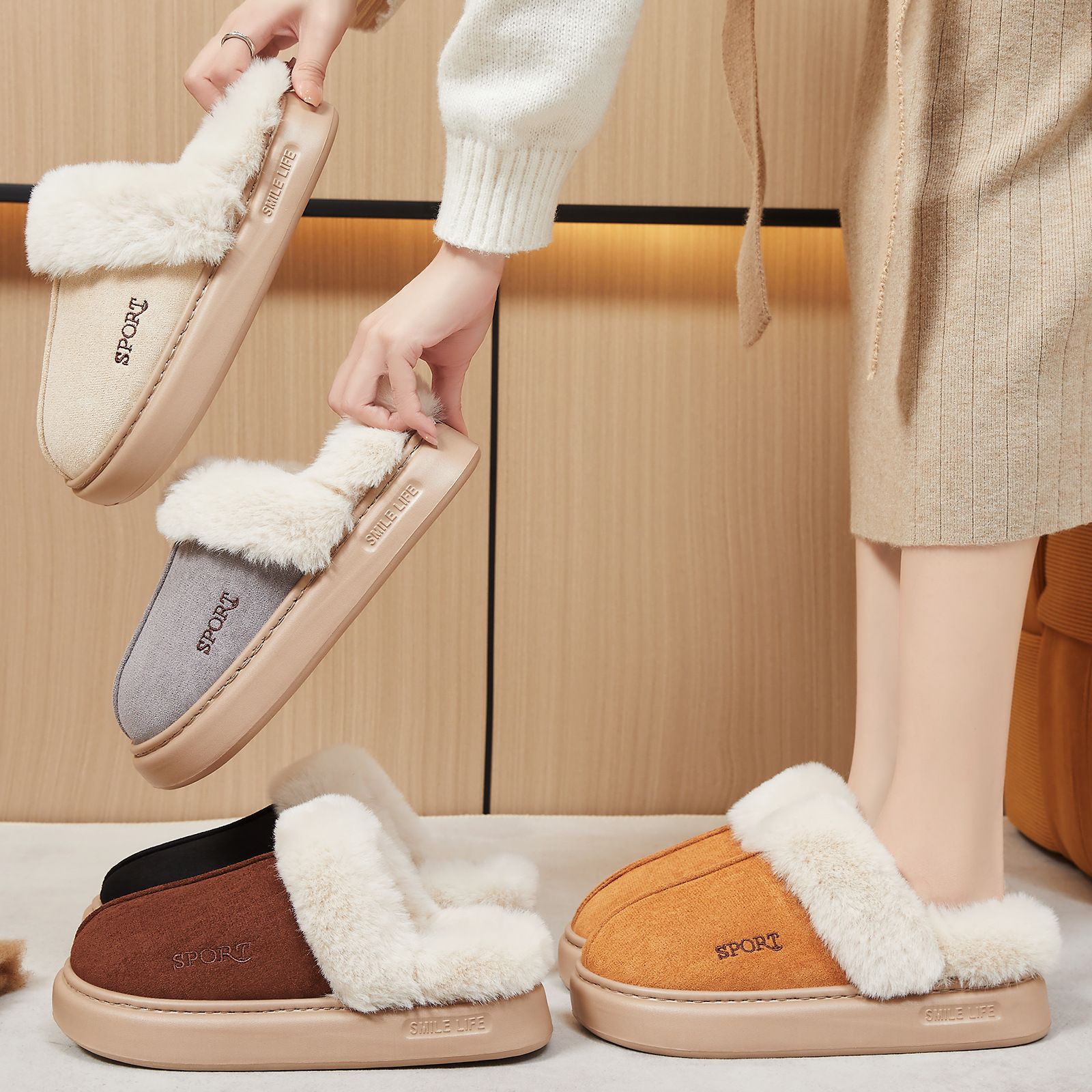 New thick-soled cotton slippers for women, winter bestsellers, indoor home with added fleece and thickened warmth, wool slippers consignment Specification drawing