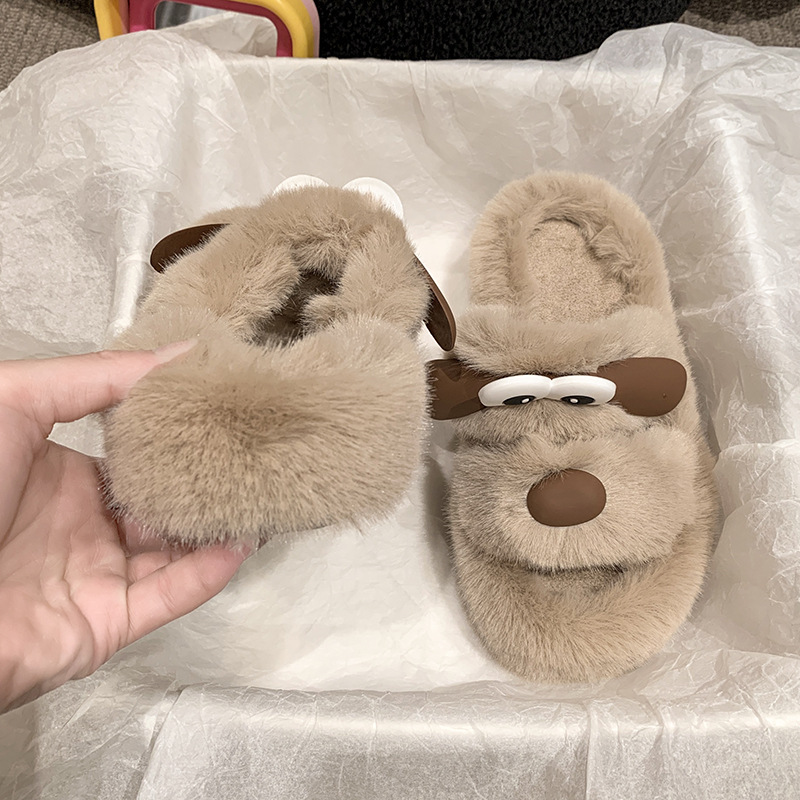 Cartoon cute one-line thick-soled woolen slippers for women to wear outside in autumn and winter 2025 new soft-soled fashionable cotton slippers trend Application Scenario
