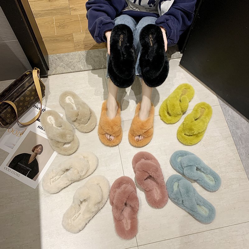 MAO MAO Slippers Women's 2025 Autumn New style cross thick-soled rabbit fur flat flat casual outerwear one-line home slippers full figure