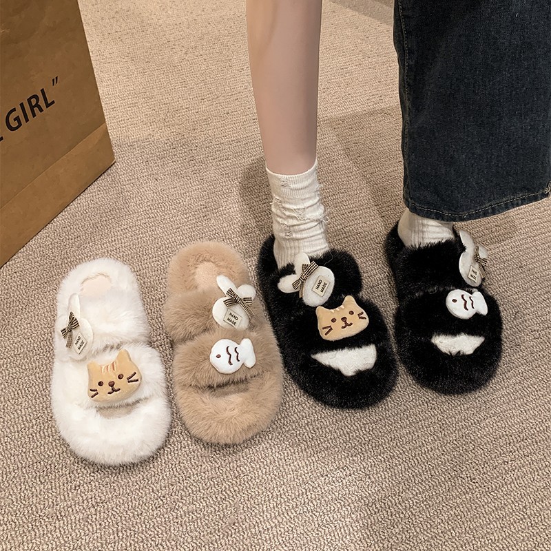 Soft and cute new autumn and winter woolen slippers for women to wear outside, popular flat-bottomed home woolen double-bar anti-slip cotton slippers Application Scenario