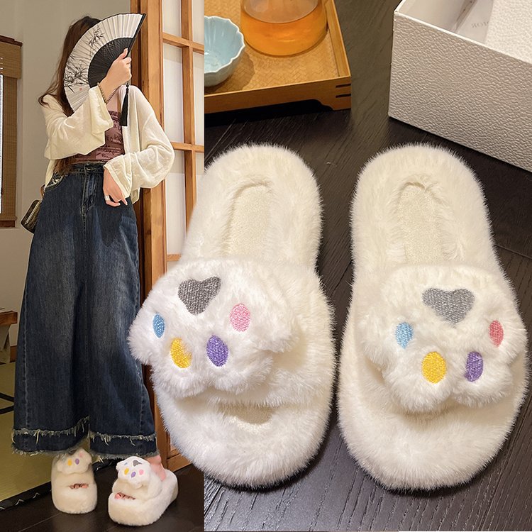 2025 New stylish and casual Korean-style cute cat paw, girlish heart, fluffy and creamy, height-increasing thick-soled one-shoulder slippers full figure