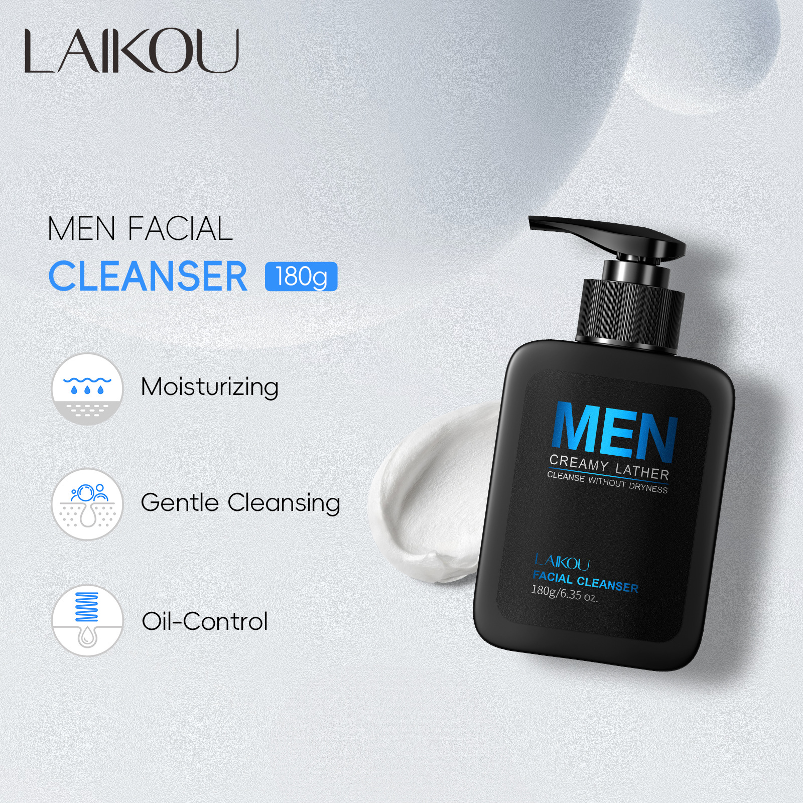 Cross-border LAIKOU Men's Moisturizing Facial Cleanser 180g Hydrating, Moisturizing and Nourishing, Export Facial Cleanser for men full figure