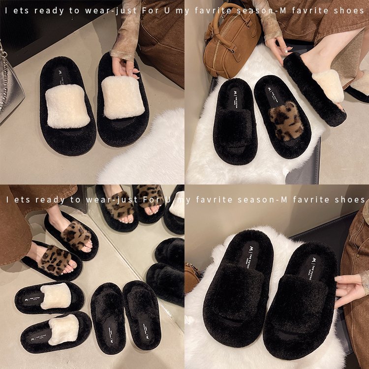Leopard print, 4-centimeter-tall, petite, furry slippers for women to wear outside, 2025 autumn and winter, one-shoulder cotton slippers Specification drawing