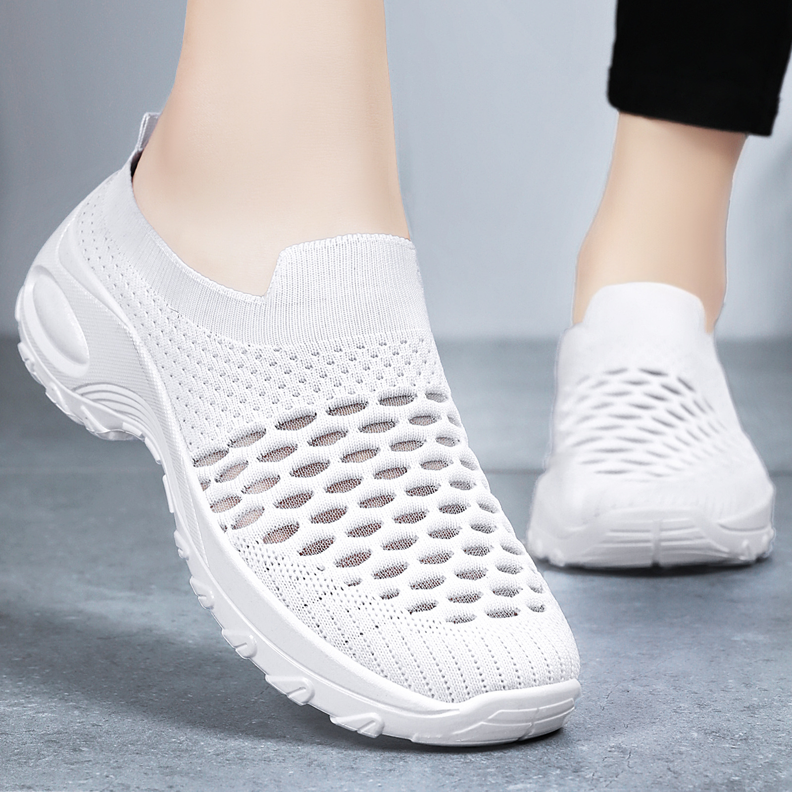 Women's summer mesh fabric large size single shoes, one-foot rocking shoes, cross-border casual breathable semi-drag mom shoes full figure