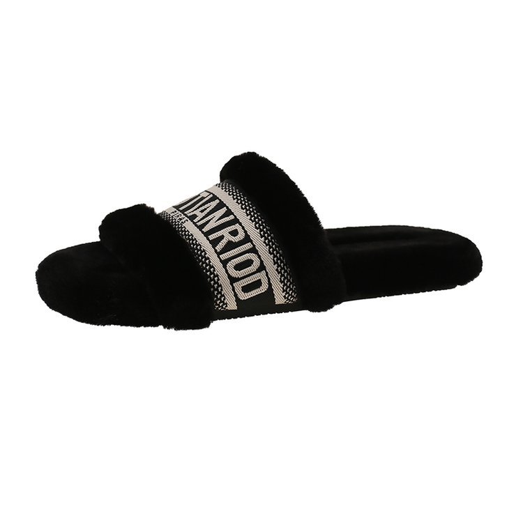 Xiaoxiang-style woolen slippers for women's fashionable outerwear in the autumn and winter of 2025, new flat-bottomed embroidered letter one-line cotton slippers Item Picture