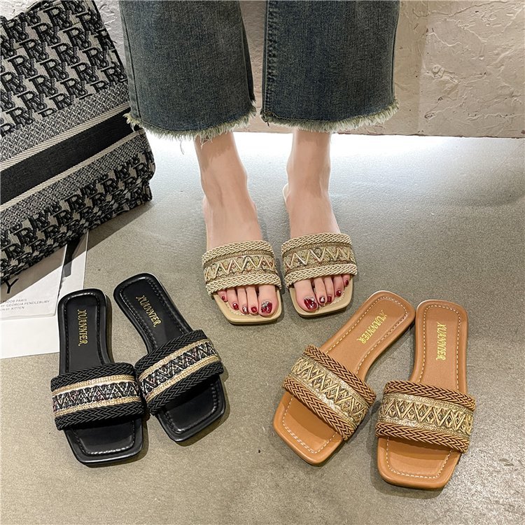 Ethnic-style fisherman's cool slippers for women to wear outside in summer, large-sized straw woven sweat-absorbing flat flat casual one-shoulder slippers Specification drawing