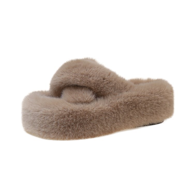Small crossover thick-soled woolen slippers for women, 2025 autumn/winter new fairy-style woolen cotton slippers, height-increasing woolen slippers, large size Item Picture