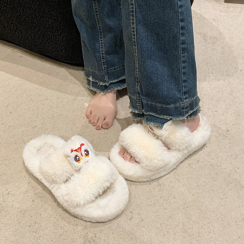 Cute lion dance accessory furry slippers 2025 Autumn/Winter new style fashionable and versatile double-bar solid color warm plush slippers Specification drawing